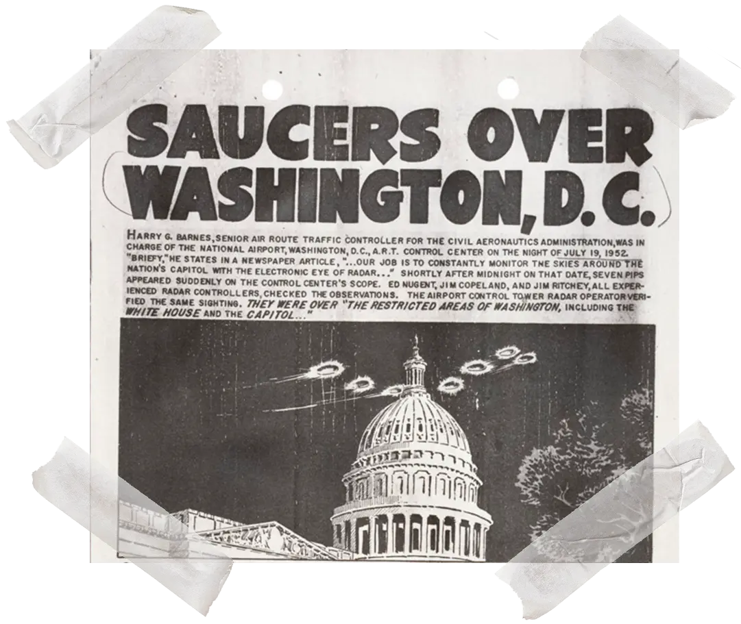 Image of old newspaper comic titled Saucers of DC