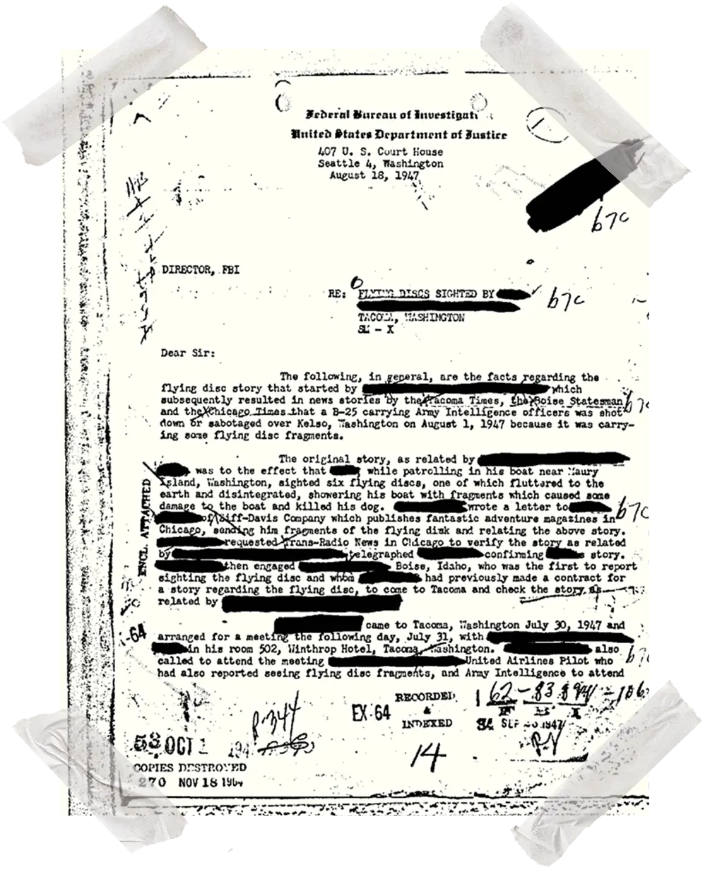 Partially redacted FBI letter regarding UFOs.